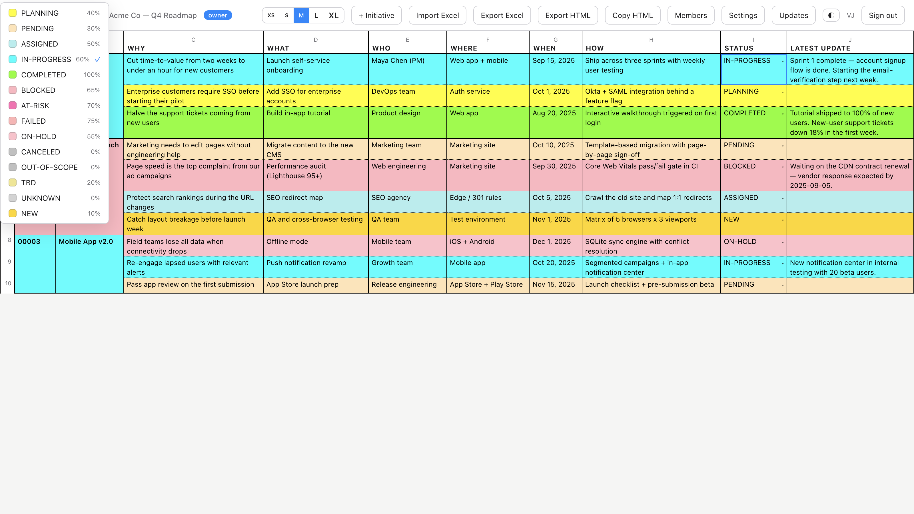 Status dropdown listing the weighted color-coded status catalog