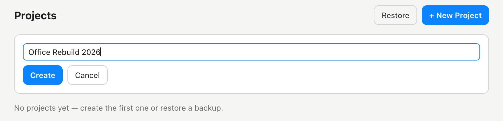 WhyDash menu bar with an empty project