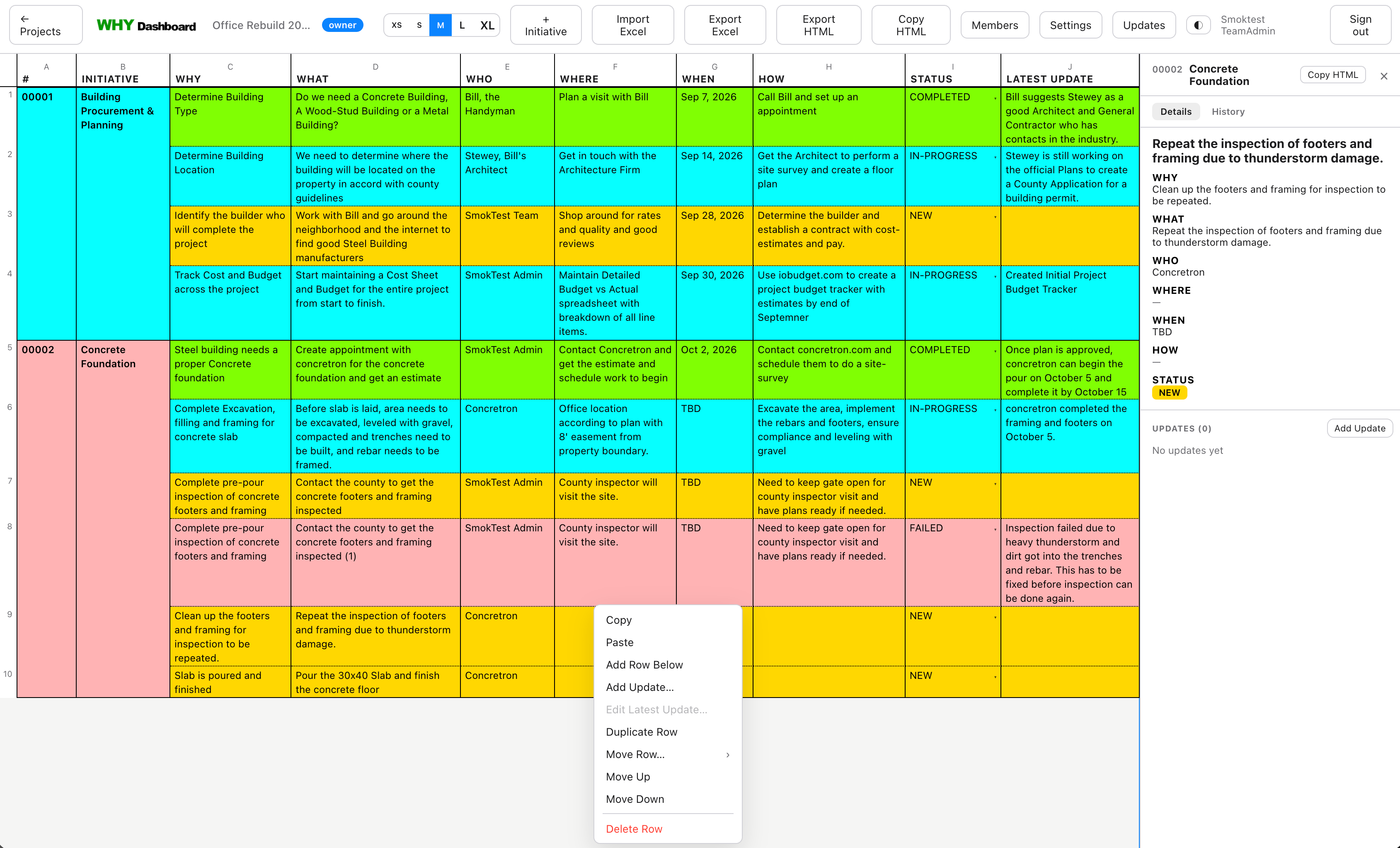 Moving initiatives and rows with the context menu