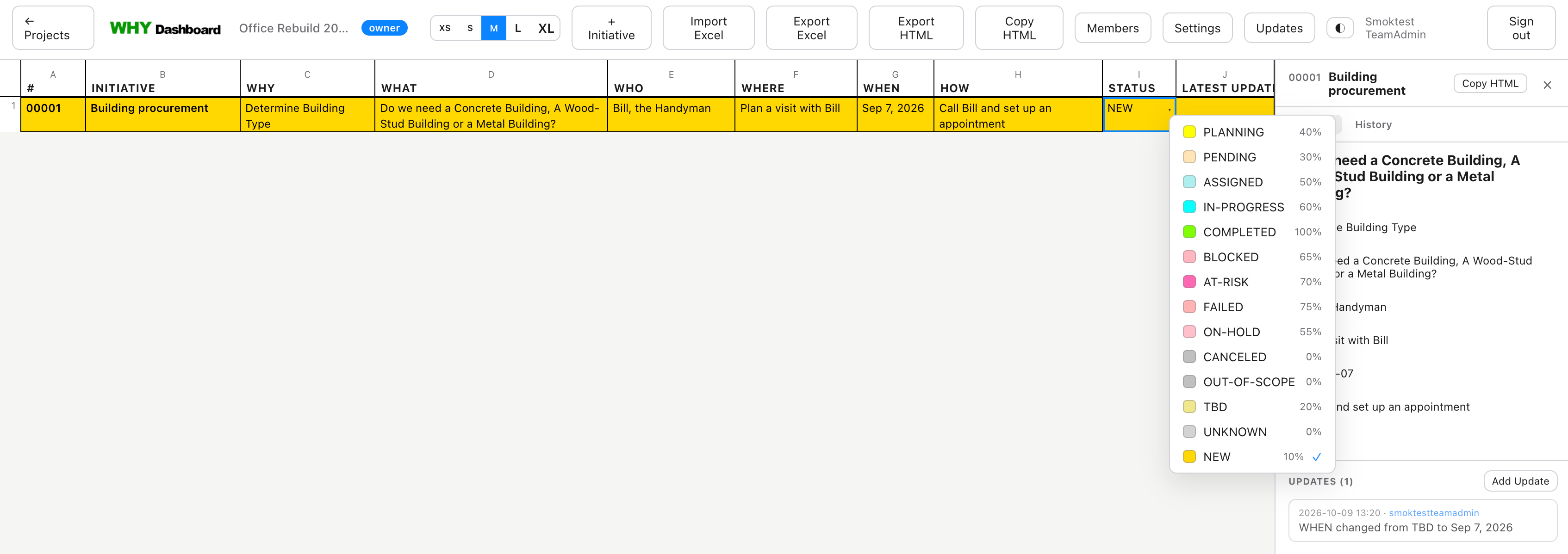 Clicking the status cell to manage task status